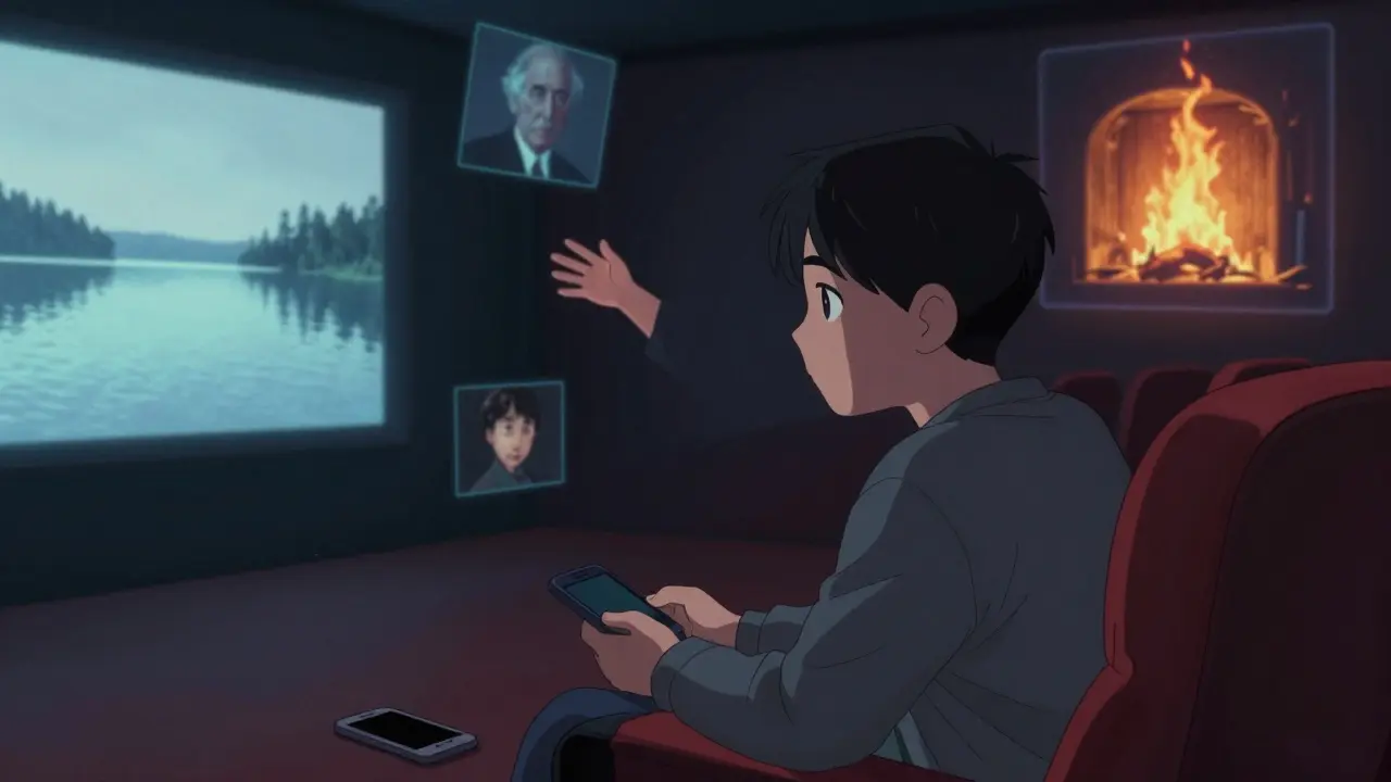 Bir genç, Tarkovsky filmini izlerken etrafında eski sahnelerin holo izleri.