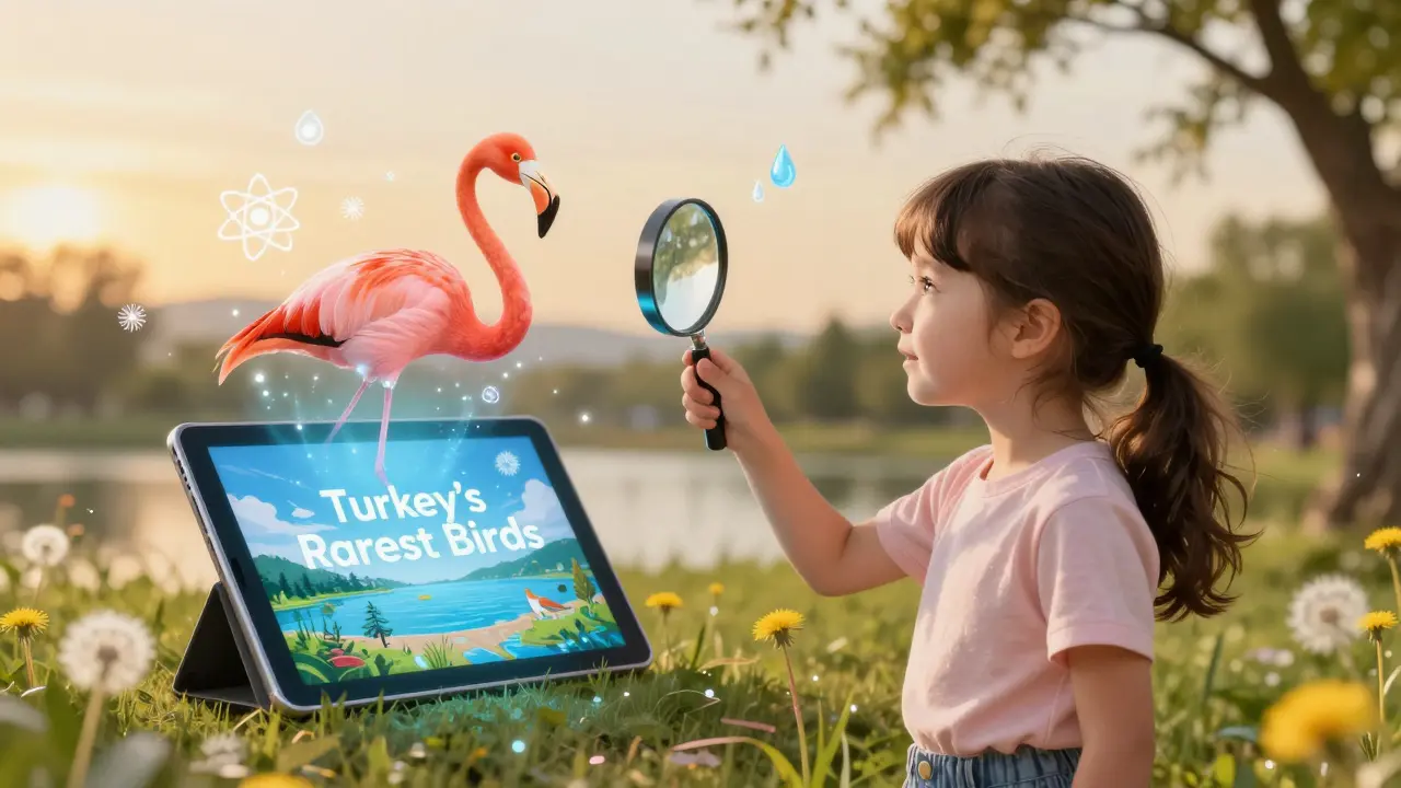 Bir kız, Van Gölü'ndeki flamingoları gösteren bir belgeseli izlerken bir büyülü büyüteç tutuyor.