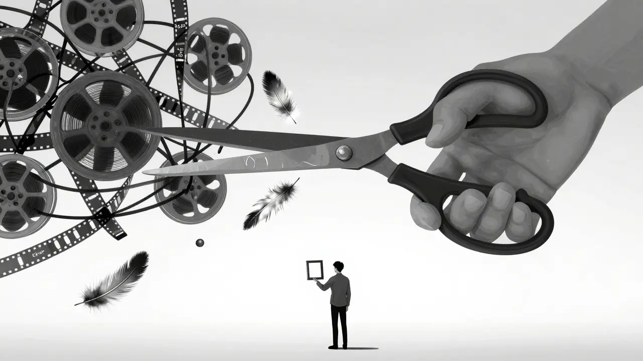 Bir makas, şüphe, korku ve ego dolu film rulolarını kesiyor; her kesimde bir duygu tüyünü serbest bırakıyor.