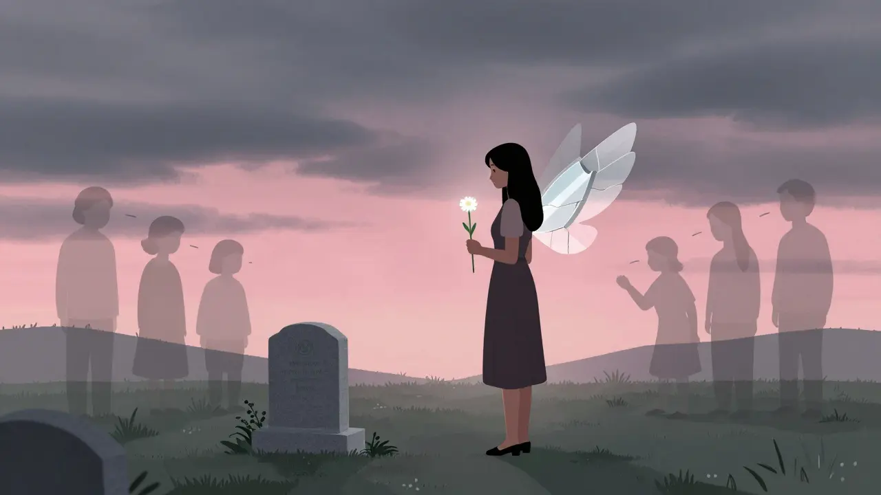 Bir trans kadın, kocasının mezarında tek başına bir çiçek tutuyor.