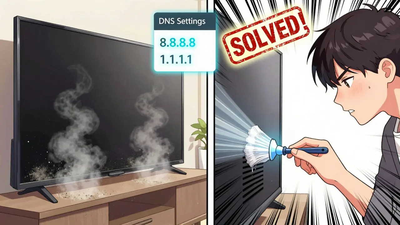 Bir TV'nin havalandırma delikleri temizlenirken, DNS ayarları 8.8.8.8 ve 1.1.1.1 ile değiştiriliyor ve çözüm beliriyor.