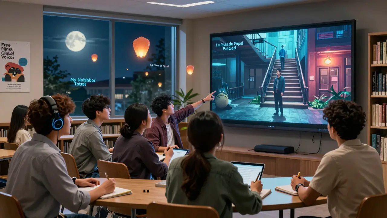 Bir üniversite kütüphanesindeki grup, Parasite filmini izlerken dil öğreniyor ve kültürel tartışmalar yapıyor.