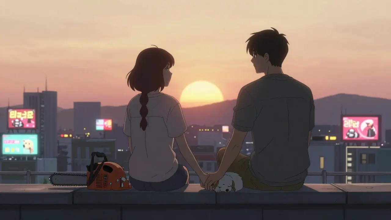Denji and Aki on a rooftop at dawn, holding hands as their dog sleeps, city billboards hint at sequel and merch.