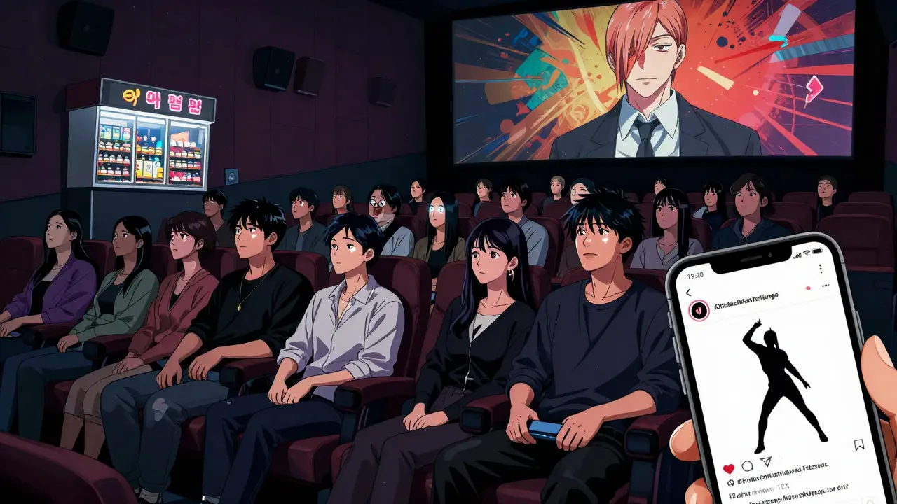 Diverse audience watching Chainsaw Man in a theater, illuminated by the film’s glow with TikTok challenge on phone.