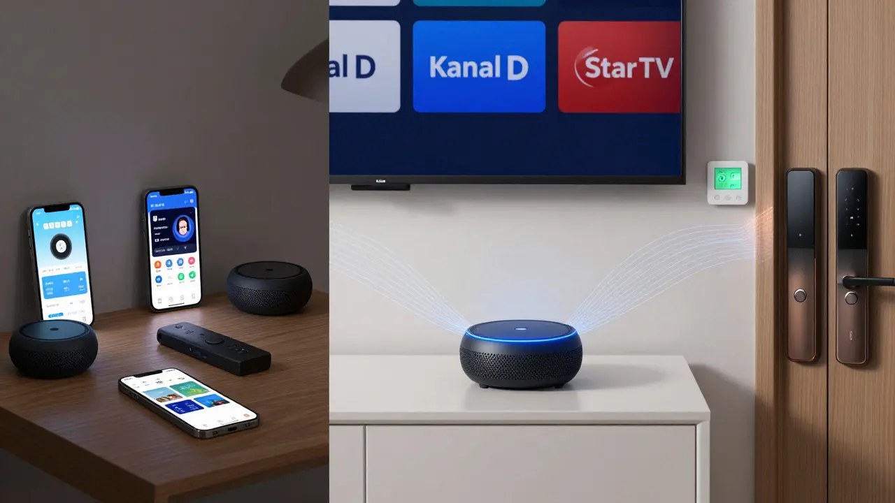 Fire TV Cube tek cihazla tüm akıllı ev cihazlarını kontrol ederken, eski dağıtılmış sistemler sol tarafta kalıyor.