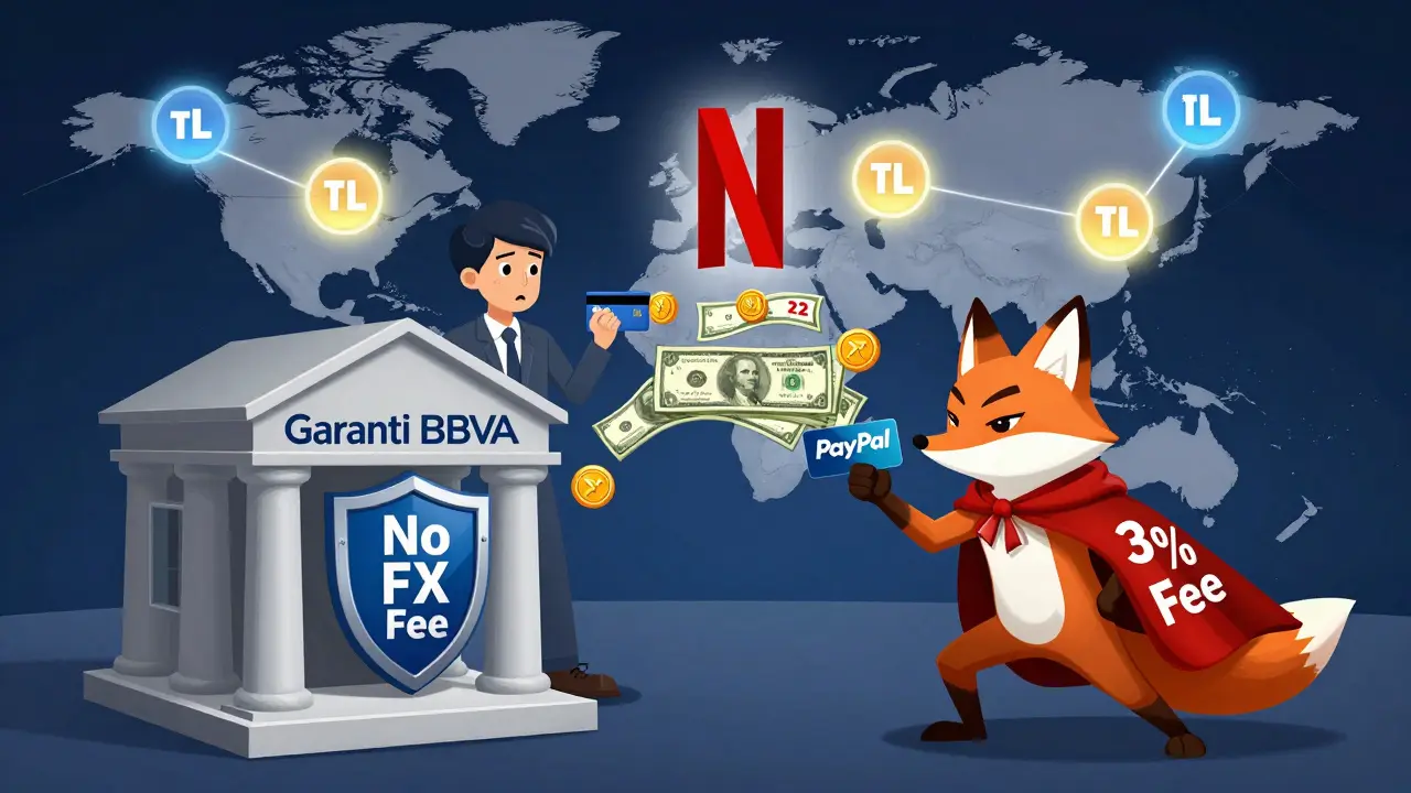 İki banka karakteri, PayPal'ın dolandırıcı tavşanı ile döviz ücretleri üzerinde savaşırken, bir kullanıcı TL kartını tutuyor.