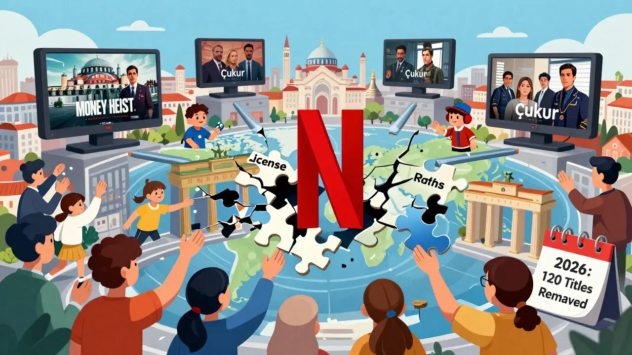 İstanbul, Madrid ve diğer şehirlerden gelen Netflix dizileri küresel bir ağda birleşiyor, lisans kısıtlamaları parçalanmış puzzle gibi gösteriliyor.