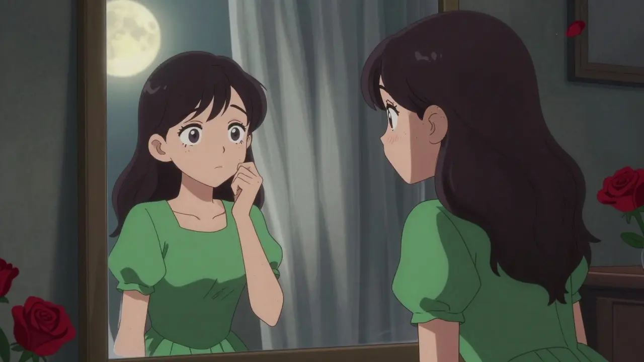 Judy aynada Madeleine olarak yansıyor, yeşil elbise giymiş ve içsel çatışma yaşıyor.