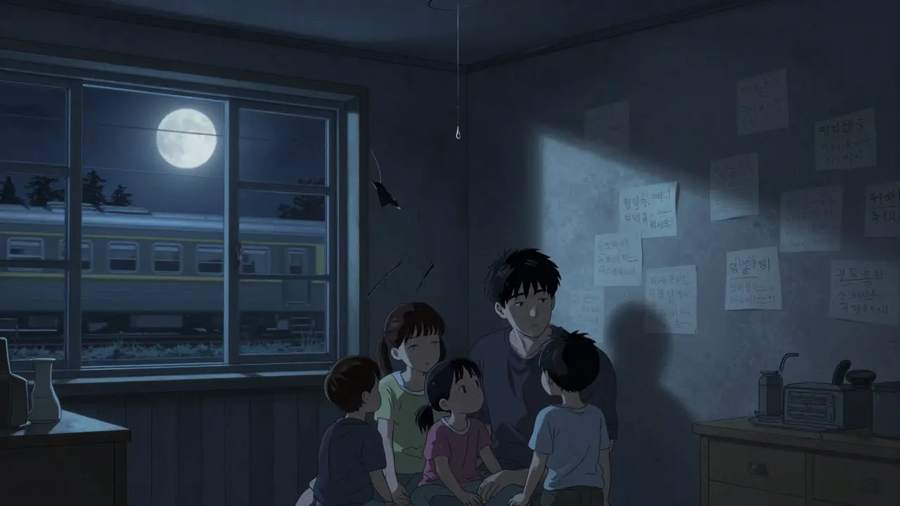 Kırık bir evde damlayan su altında sessizce oturan bir aile.