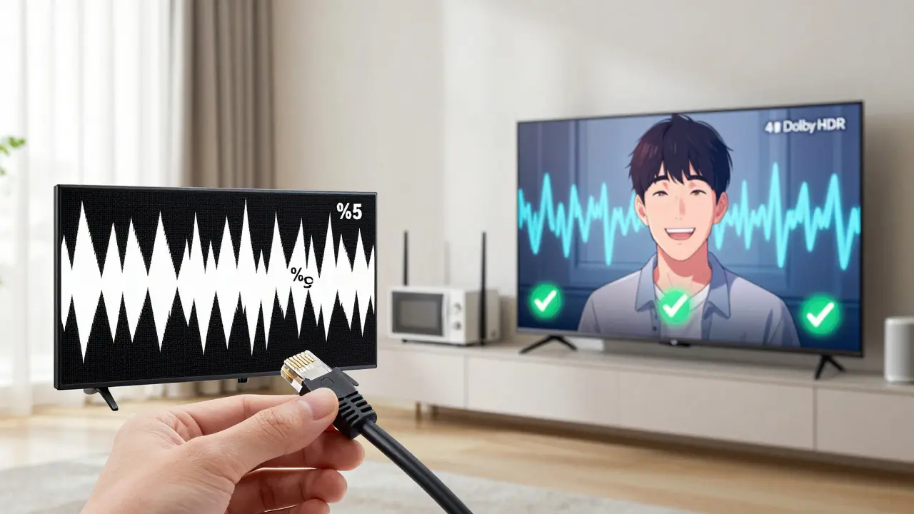 Kore webtoon tarzında, bir Ethernet kablosuyla TV'nin doğrudan röleğe bağlanması ve akış kalitesindeki fark.