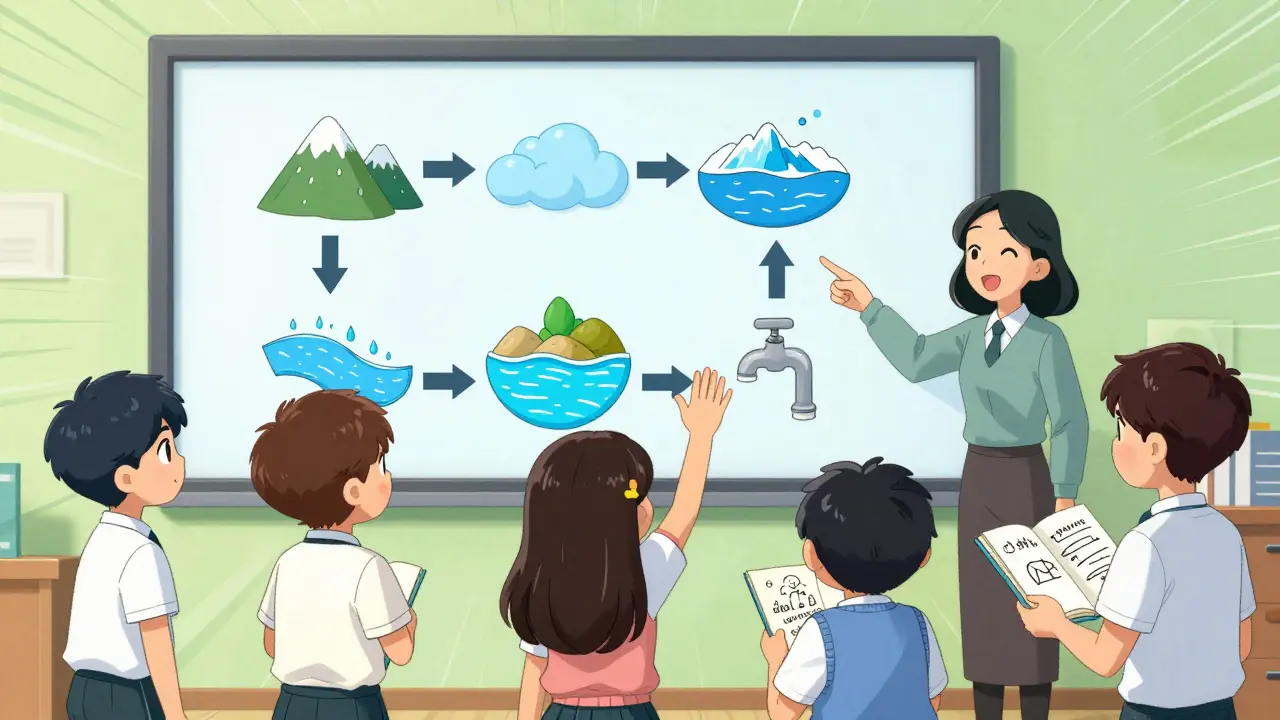Öğrenciler, su döngüsünü gösteren etkileşimli bir ekran etrafında toplanmış ve öğretmen anlatıyor.