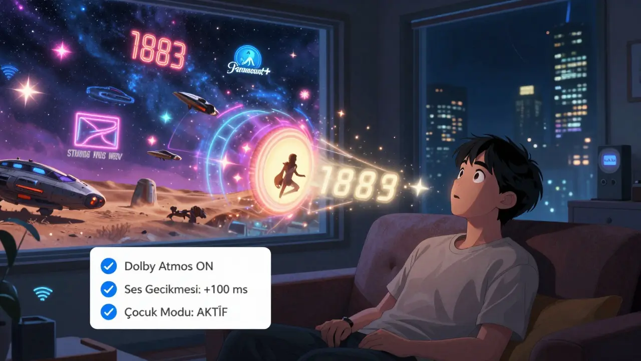 Paramount+ portalından '1883' ve 'Star Trek' sahneleri fışkıryor, ses ve çocuk modu ayarları yüzen menüde, izleyici büyülenmiş bir şekilde izliyor.