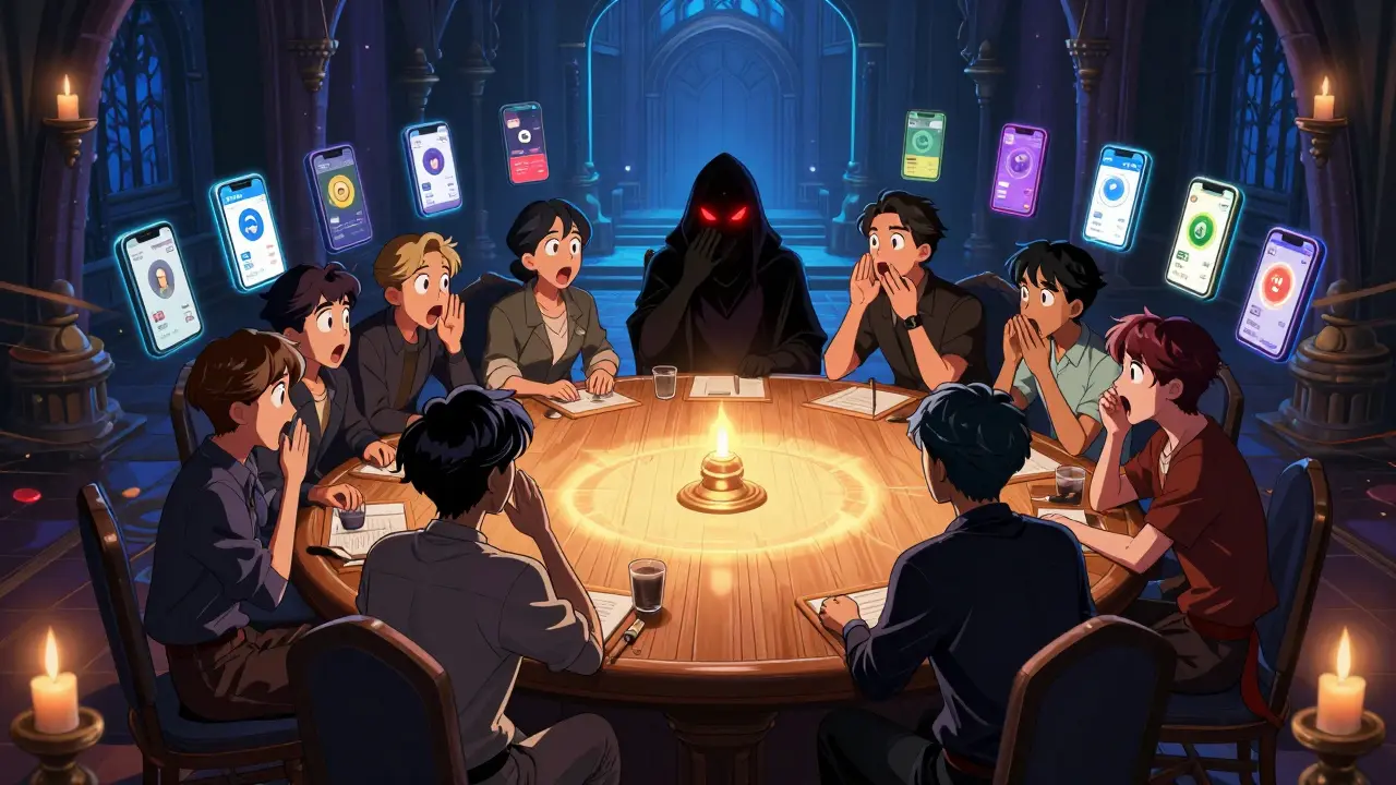 Peacock'un The Traitors oyununda bir hainin kimliği açığa çıkıyor, katılımcılar şaşkın bakışlarla.