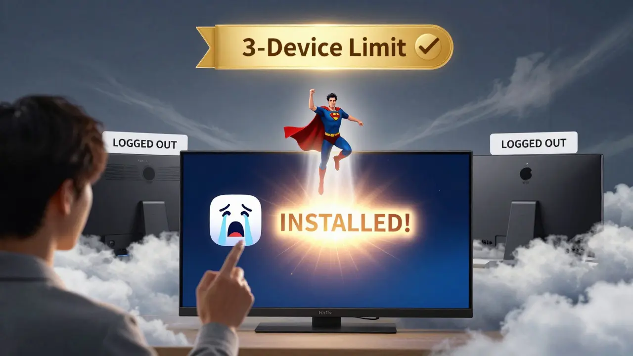 Prime Video uygulaması kaldırılıyor ve yeni bir sürümü ışıkla yeniden yükleniyor, üç cihaz sınırı görsel olarak gösteriliyor.