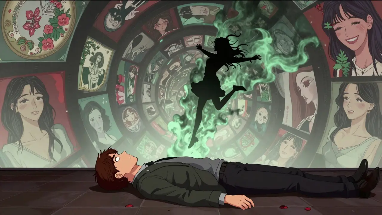 Scottie yere çökmüş, Judy'nin düşüşü yeşil dumanlara dönüşmüş, kule sonsuzlukta dönmeye devam ediyor.