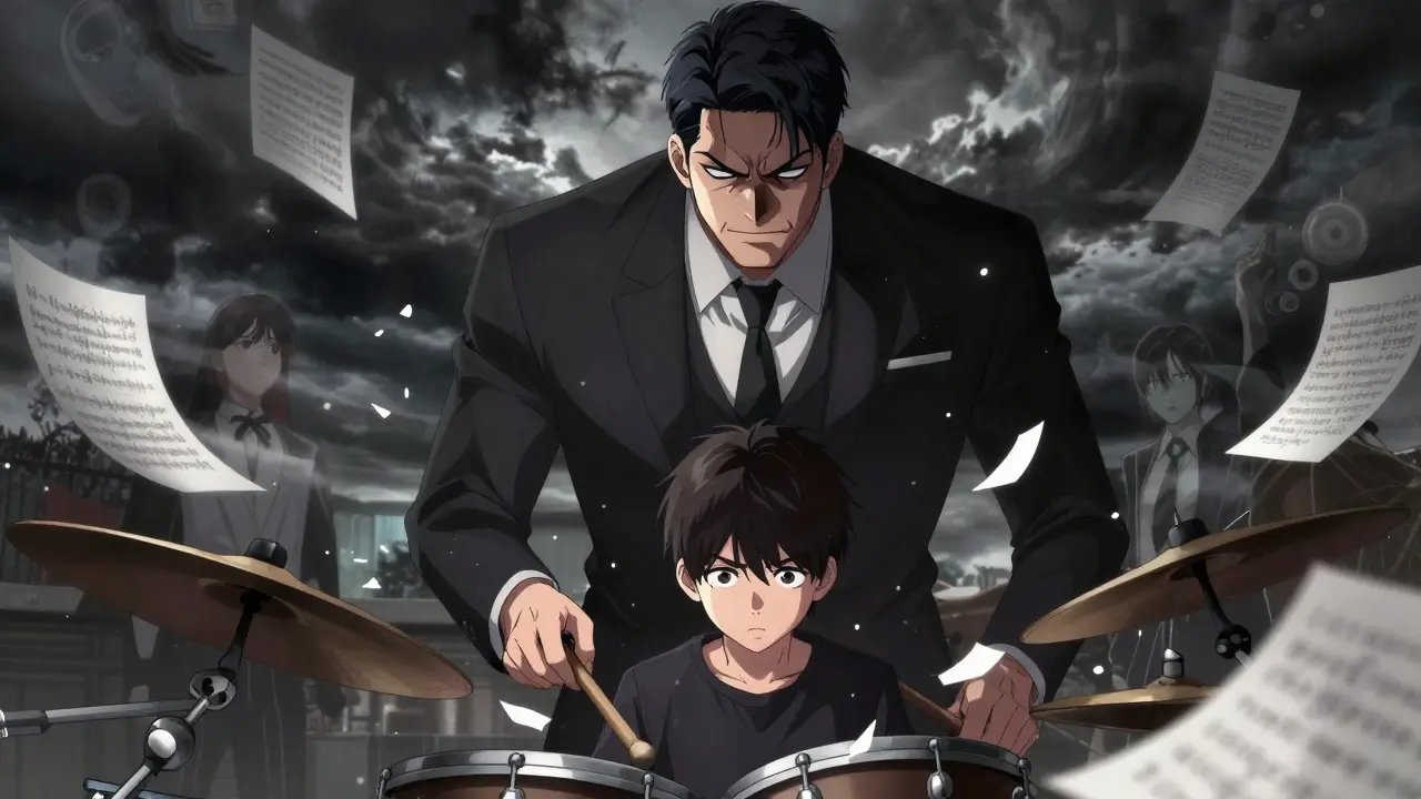 Sert bir müzik öğretmeni, öğrencisine zorla baskı uygularken etrafında dağılmış müzik notaları vardır.