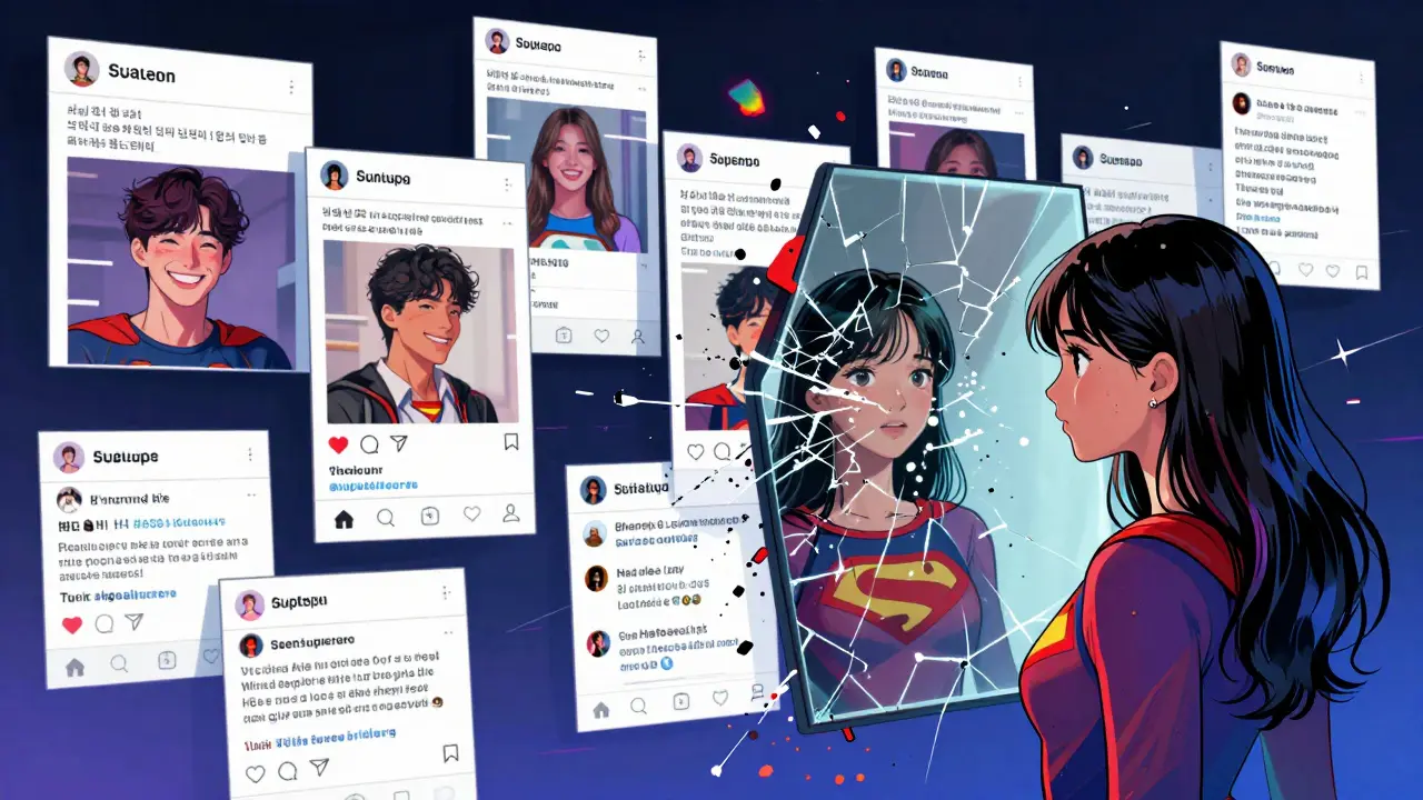 Sosyal medya ekranlarında süper kahramanların sahte fotoğrafları akıyor, bir genç kadın aynada kendi görüntüsünün bozulduğunu görüyor.