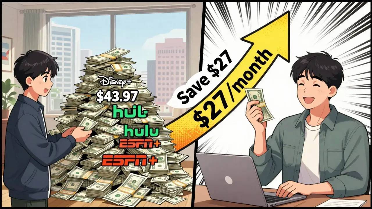 Üç ayrı abonelikle karşılaştırıldığında, birleştirilmiş paketin aylık 27 dolar tasarruf sağladığı görsel karşılaştırma.
