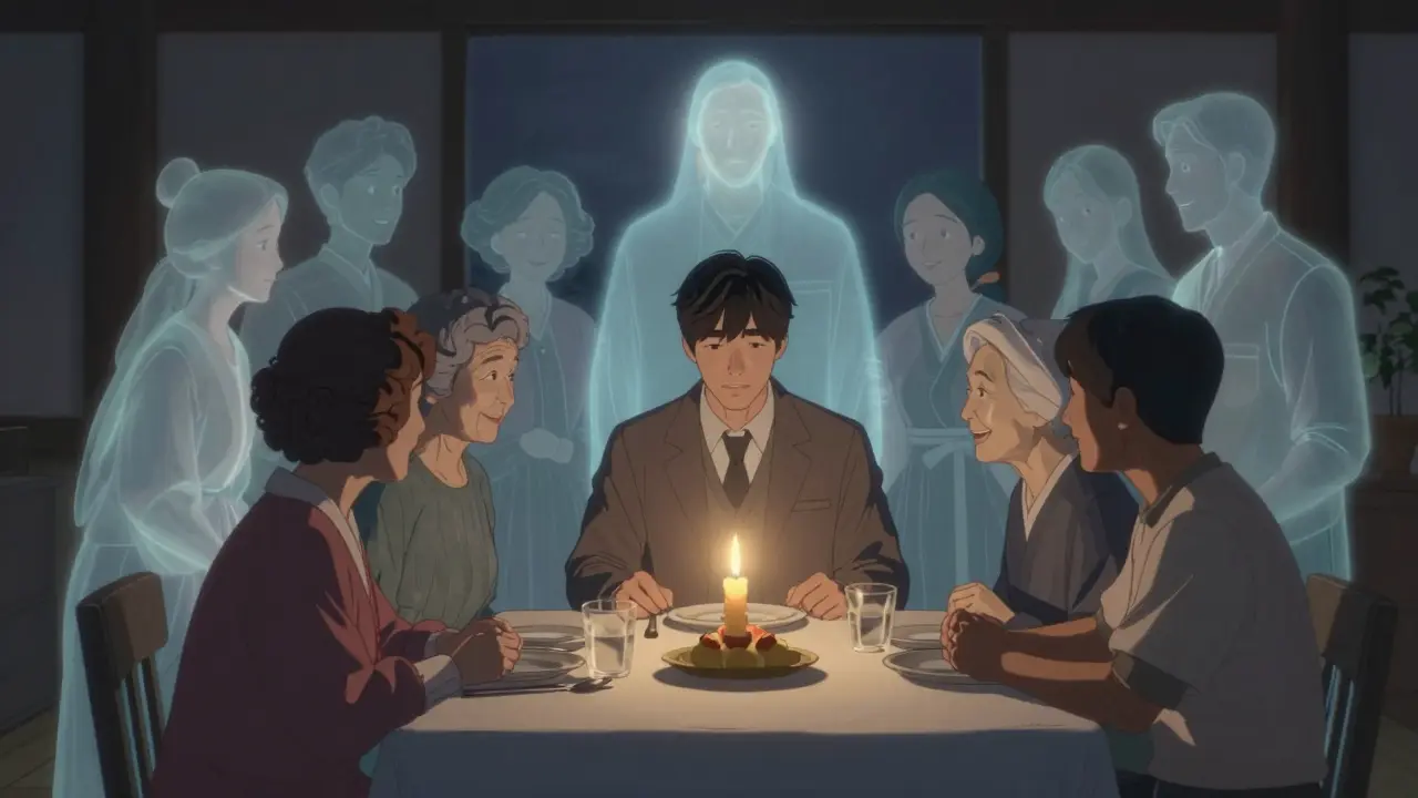 Yetişkin Alexander, ölü aile bireylerinin ruhlarıyla birlikte aynı masada oturuyor.