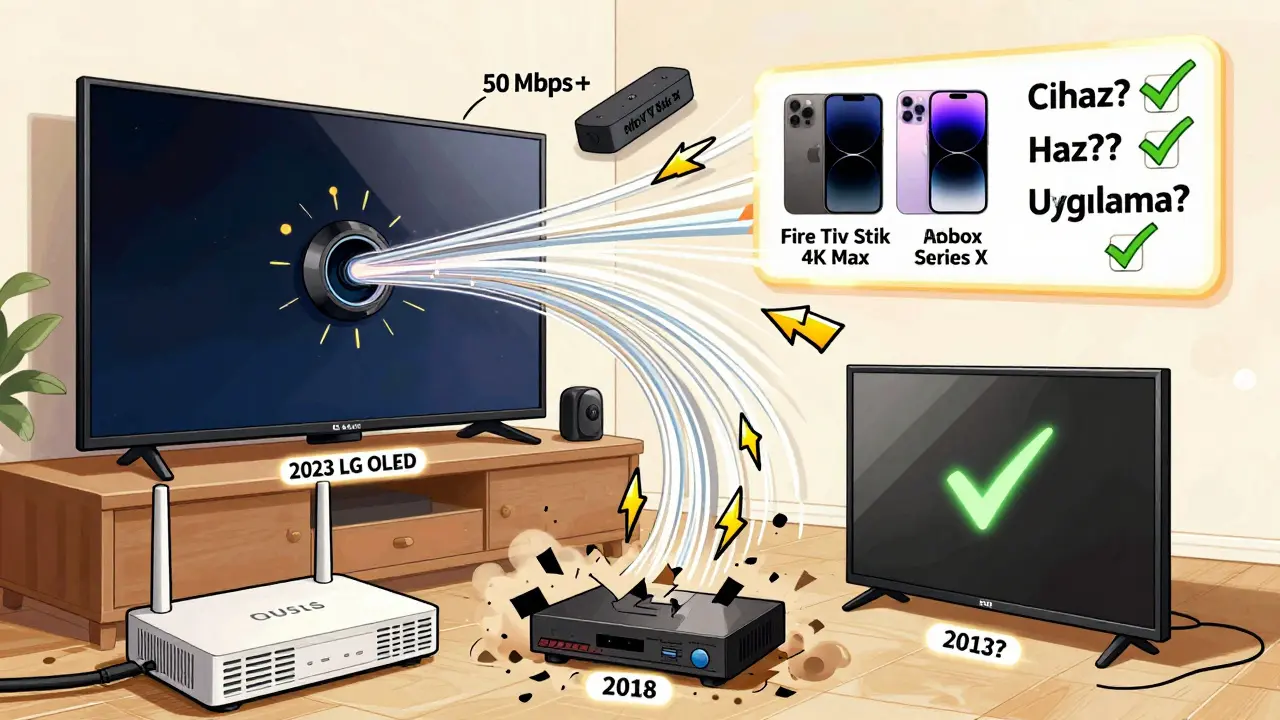 4K izlemek için gerekli cihazlar ve internet hızı, modern bir evde görsel olarak anlatılıyor.