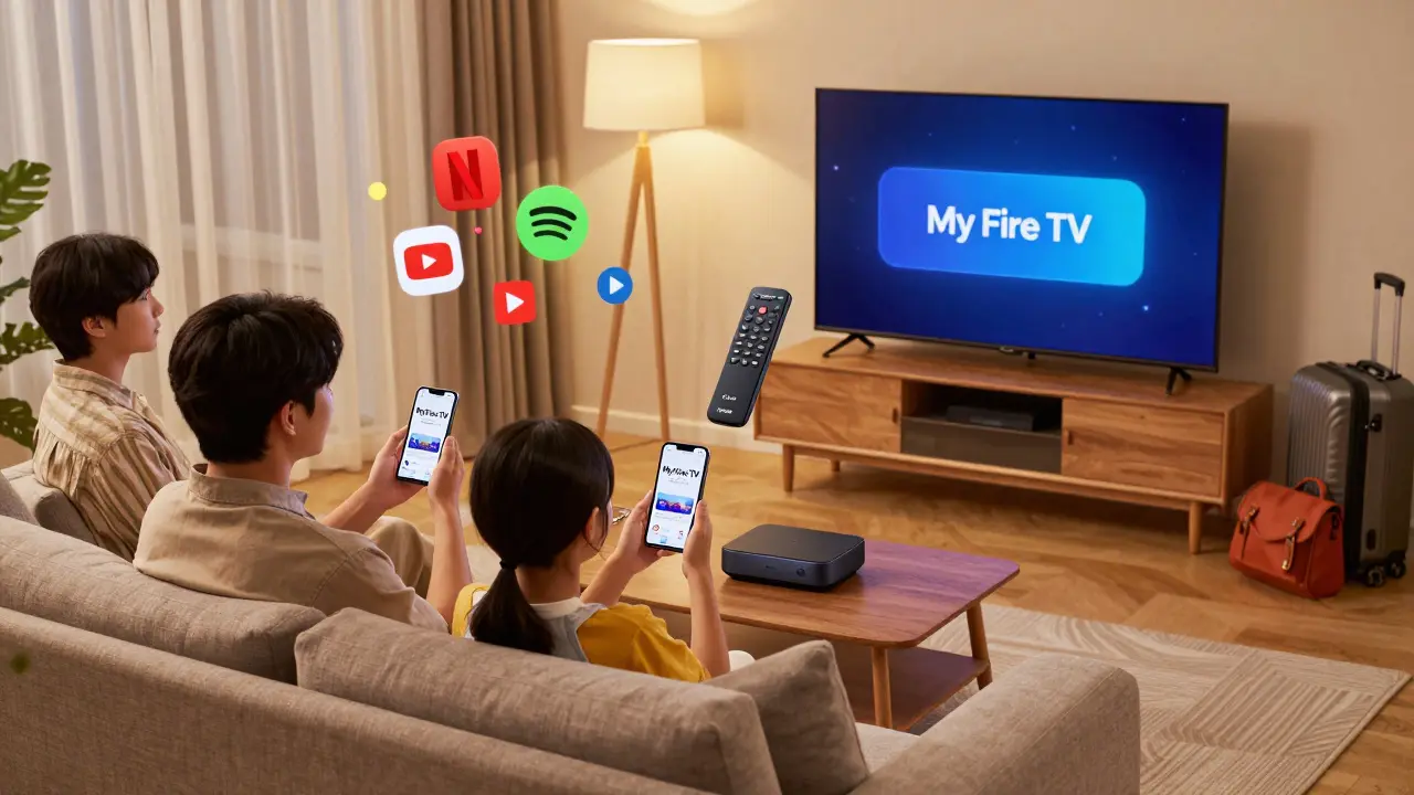 Bir aile, Airbnb'de farklı cihazlardan akış hizmetlerini kullanırken eğlenceli bir ortamda oturuyor.