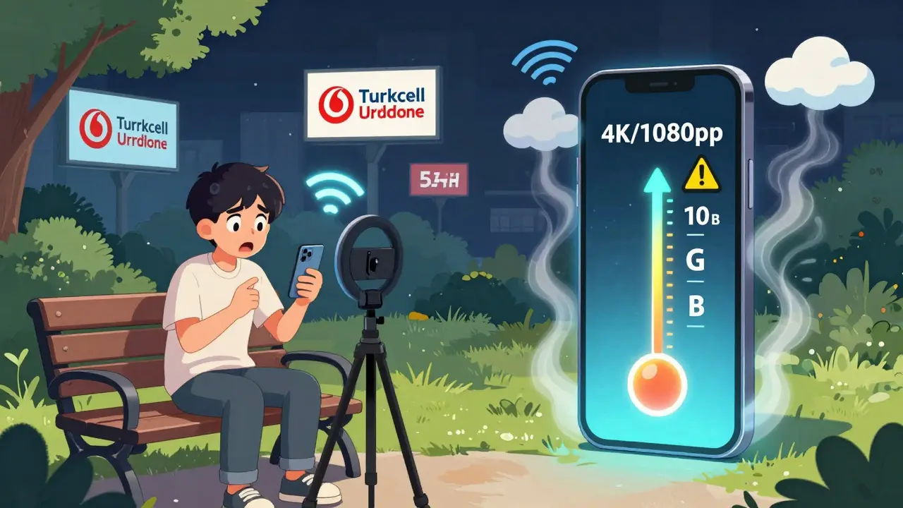 Bir canlı yayın sırasında veri tüketimi 10 GB'a ulaşır ve telefon ısınır, Turkcell ve Vodafone logoları arka planda.