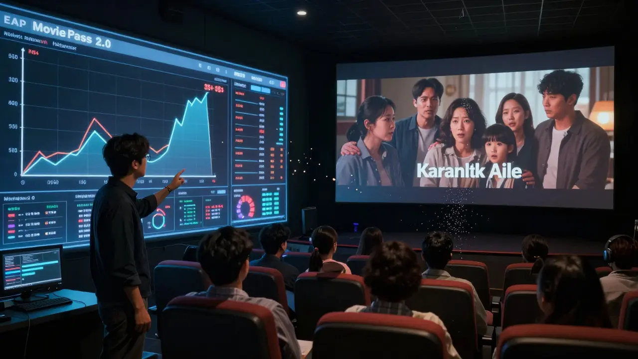 Bir film stüdyosu yöneticisi MoviePass verilerini analiz ederken, 'Karanlık Aile' filminin duygusal sahnesi arka planda.