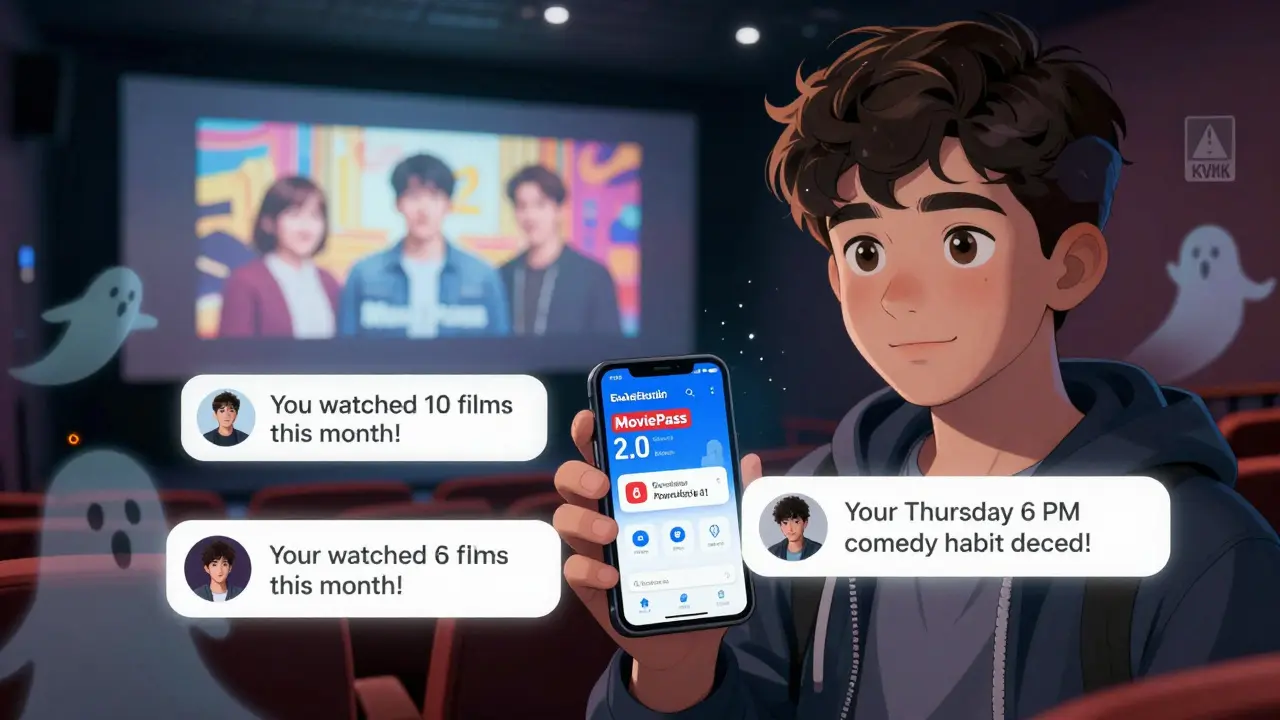 Bir genç, Eskişehir'de bir sinemada MoviePass uygulamasını kontrol ederken, izleme alışkanlıkları veri gölgeleriyle çevrelenmiş.