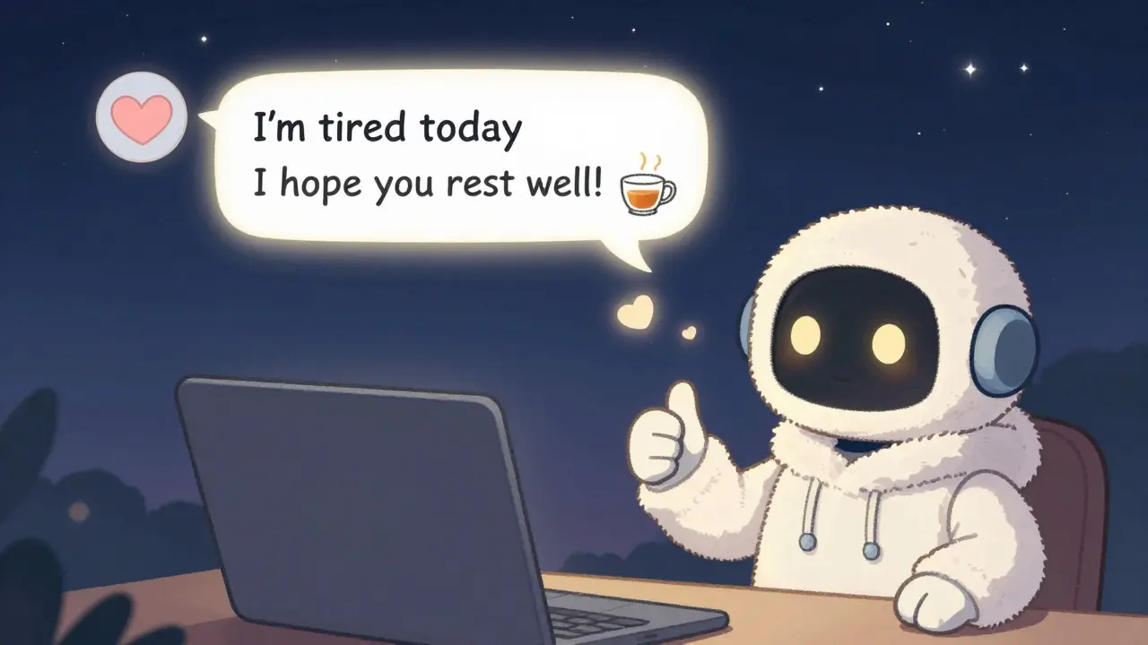 Bir izleyici yorgun olduğunu yazınca chatbot duygusal bir yanıt veriyor.