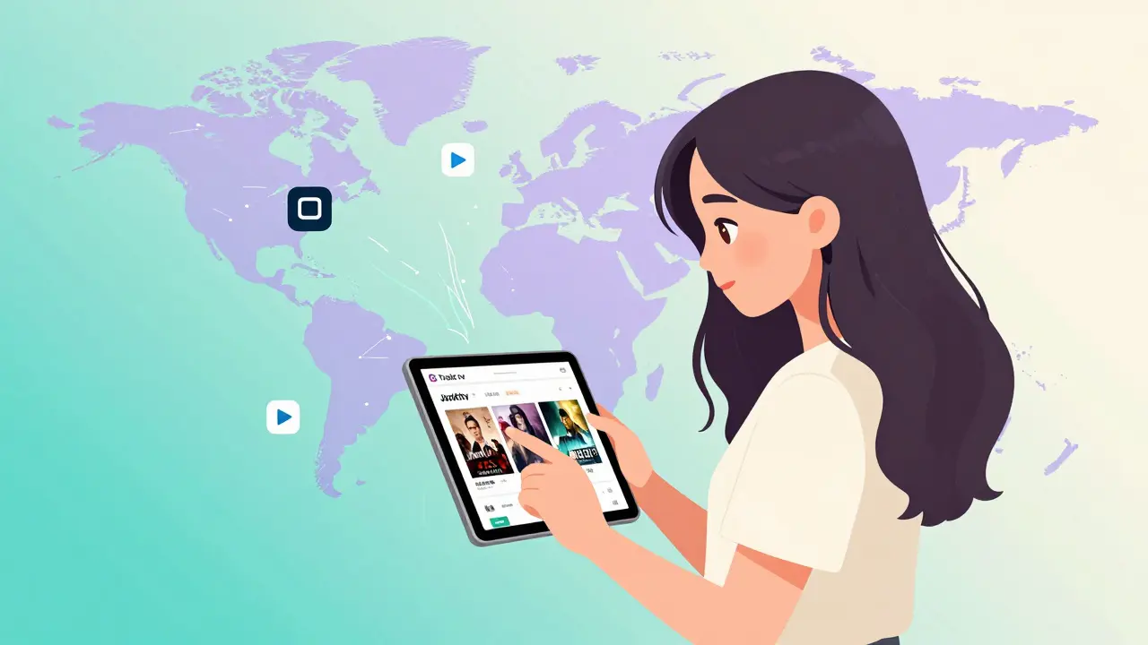 Bir kadın, Trakt.tv ve JustWatch uygulamalarını kullanarak Türk ve uluslararası dizileri takip ediyor, etrafında küresel içerikler yüzen şekilde.