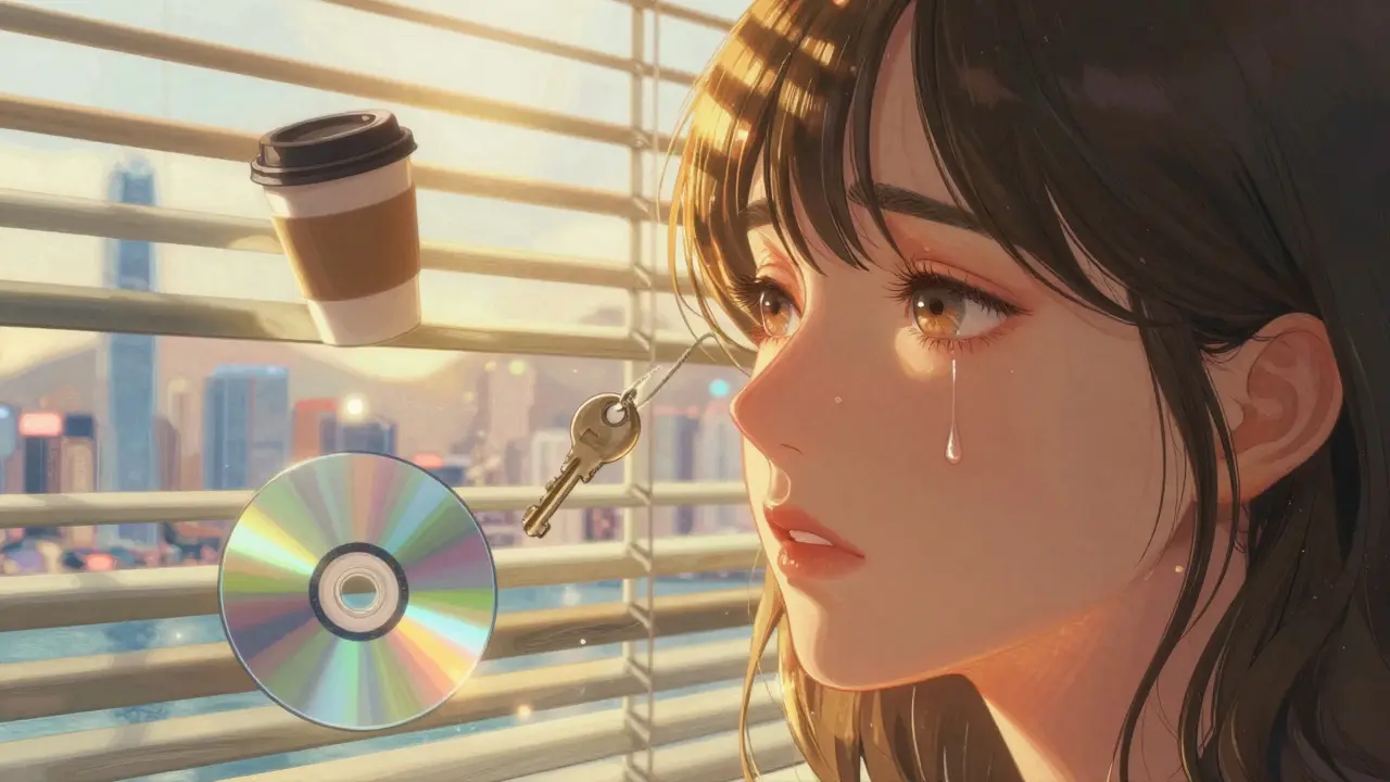 Bir kadının gözünden düşen bir gözyaşının yakın çekimi, etrafında yüzen anı nesneleri ve yumuşak ışıkla aydınlatılmış bir arka plan.