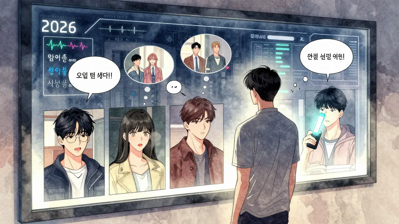 Bir kişi, geçmiş izleme alışkanlıklarını yansıtan farklı yansımalarla karşı karşıya, bir dijital arayüz duygularını analiz ediyor.