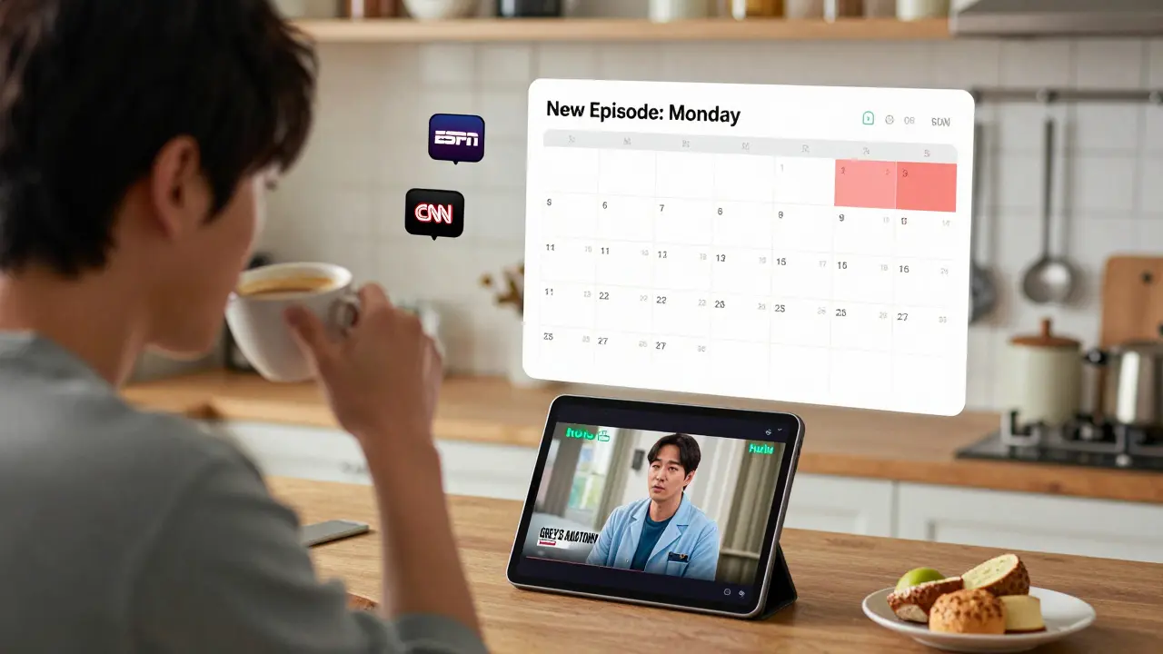 Bir kişi sabah kahvesiyle Hulu'da 'Grey’s Anatomy' izlerken, canlı TV kanalları simgeleriyle çevrili.