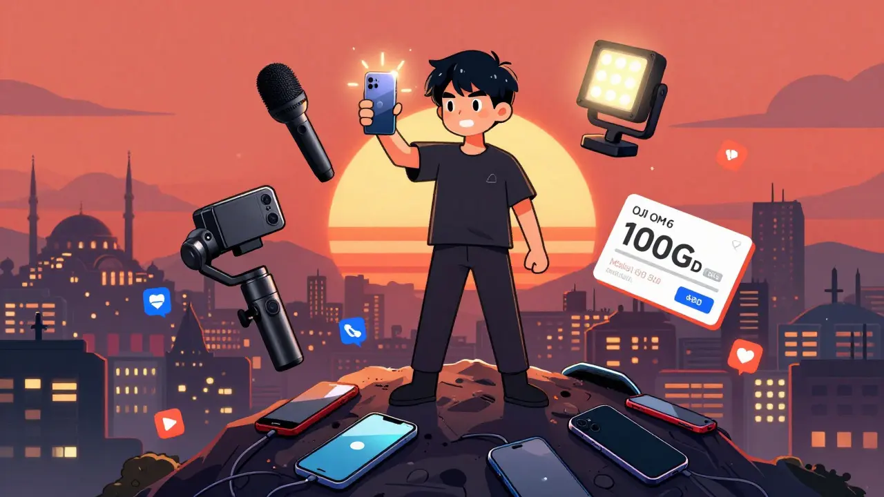 Bir streamer, gimbal, mikrofon ve 100 GB veri planıyla profesyonel seviyeye ulaşır, arka planda İstanbul manzarası.