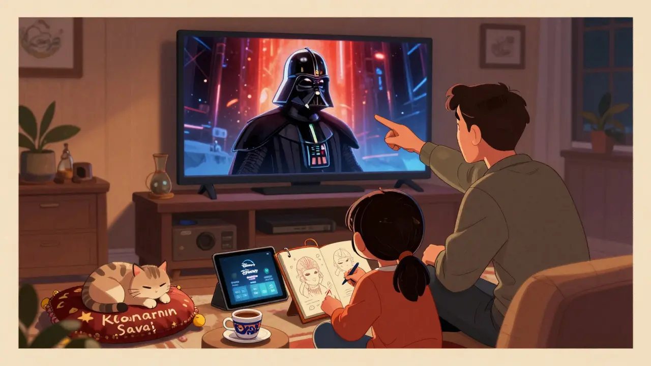 Bir Türk aile, Disney+ üzerinde Star Wars izlerken, çocuk klon savaşları çiziyor ve Türkçe altyazılar görünüyor.