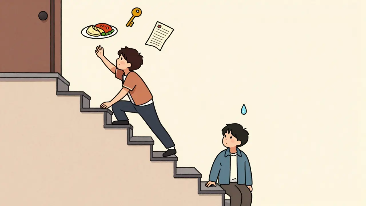 Bodrum ve üst katı bağlayan merdivende, iki aile birbirine bakıyor, aralarında sosyal uçurum simgeleniyor.