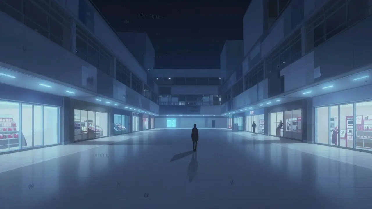 Boş bir alışveriş merkezinde yalnız kalmış küçük bir karakter, yüksek tavanlar ve soğuk ışıklarla çevrili.
