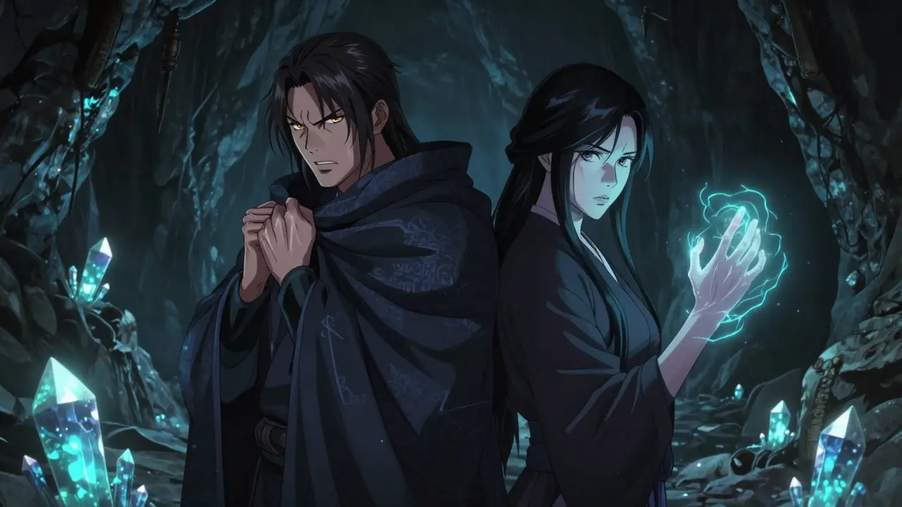 Chani and Lady Jessica in a glowing cave, one holding a cloak in warning, the other radiating mystical energy.