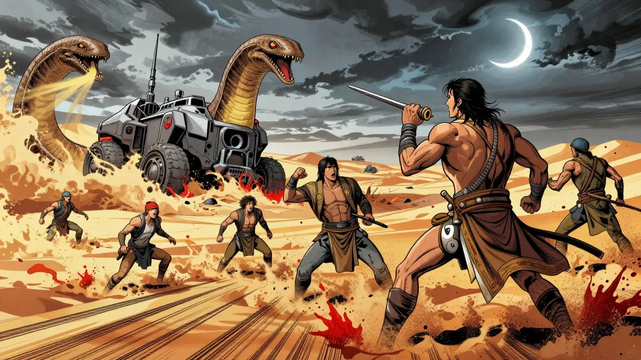 Epic desert battle with sandworms swallowing war machines, warriors fighting amid swirling dust and blood.