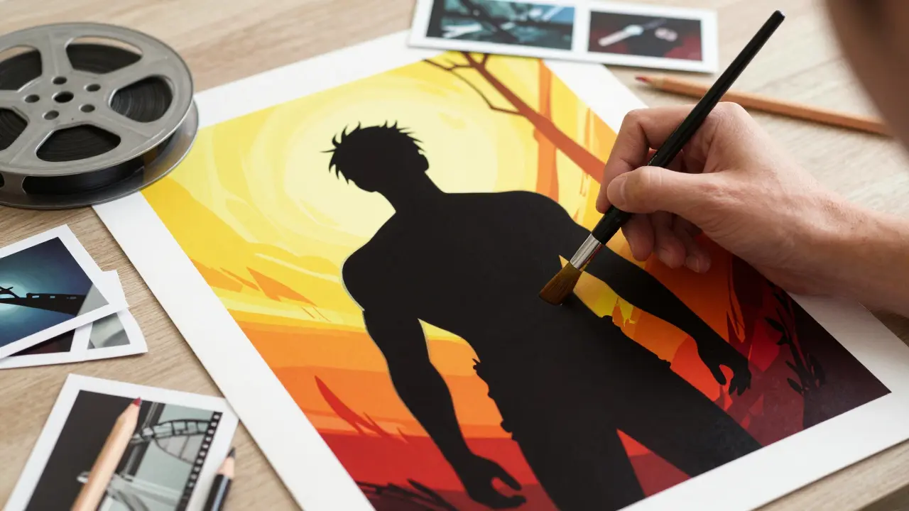 Film posteri tasarlayan sanatçı ve sinema malzemeleri.