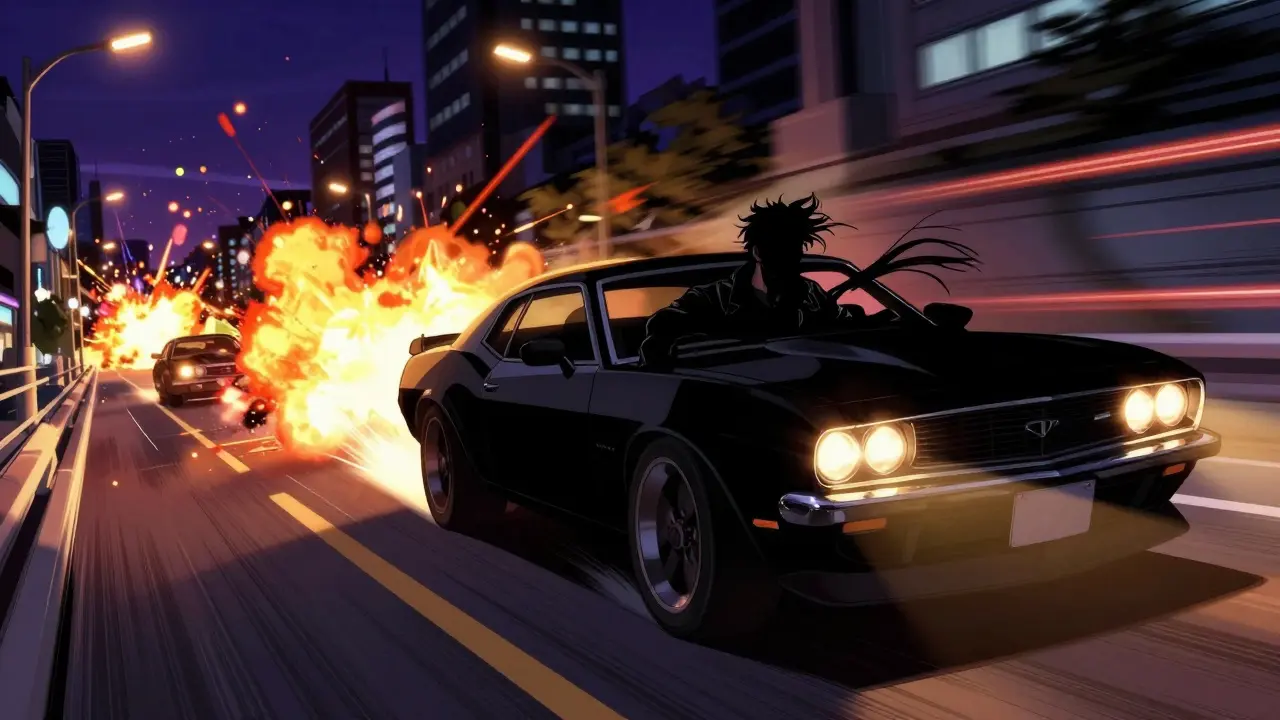 Gece sokaklarında hızla giden araba kovalamacası sahnesi