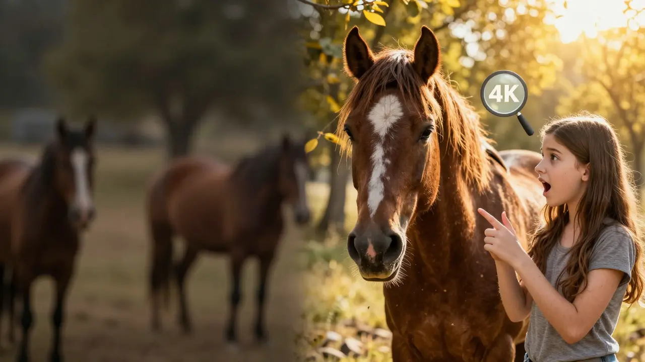 HD ve 4K arasındaki farkı gösteren karşılaştırmalı sahne: bir tarafta bulanık, diğerinde her detay net.