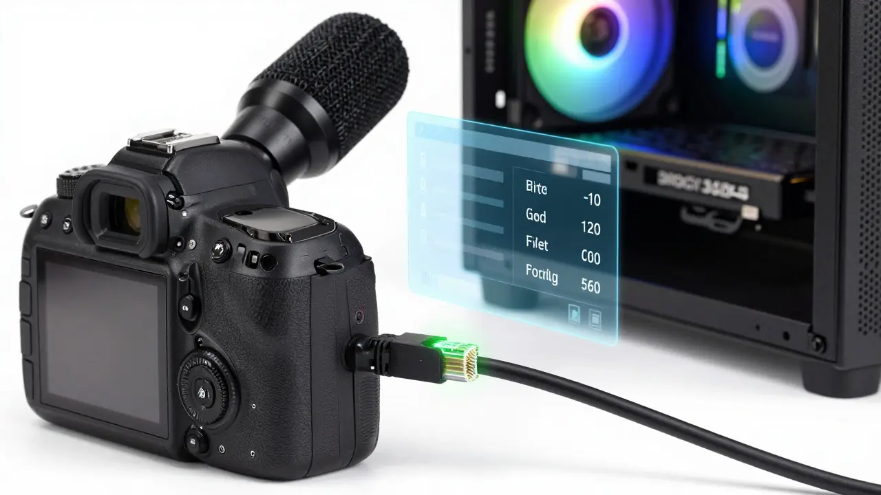 Kamera, mikrofon ve ağ kablosunun yer aldığı yayın masası detayı.