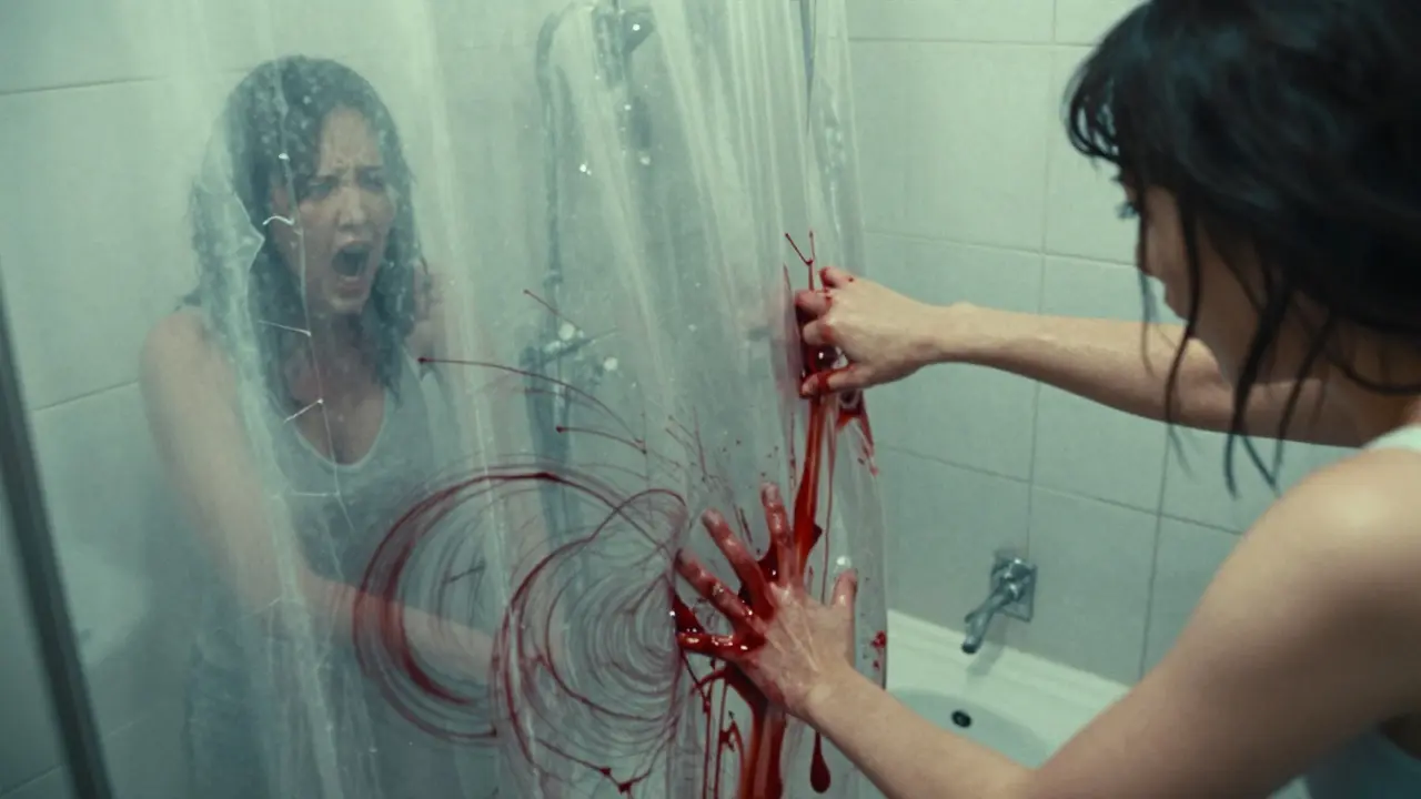Kanın lavaboya süzüldüğü bir banyo sahnesi, bıçak gösterilmeden korku yaratılıyor.