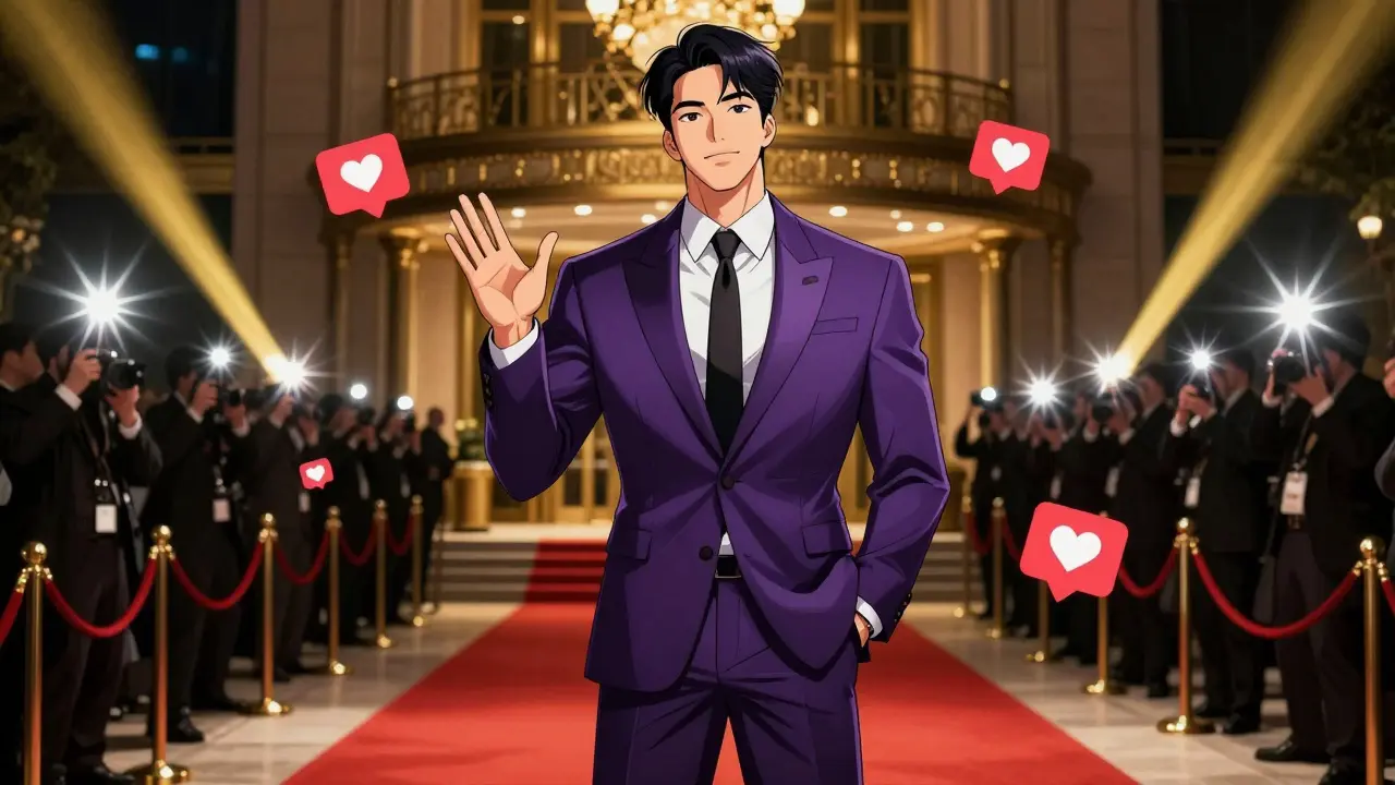 Kırmızı halı etkinliğinde güvenle duran ünlü aktör