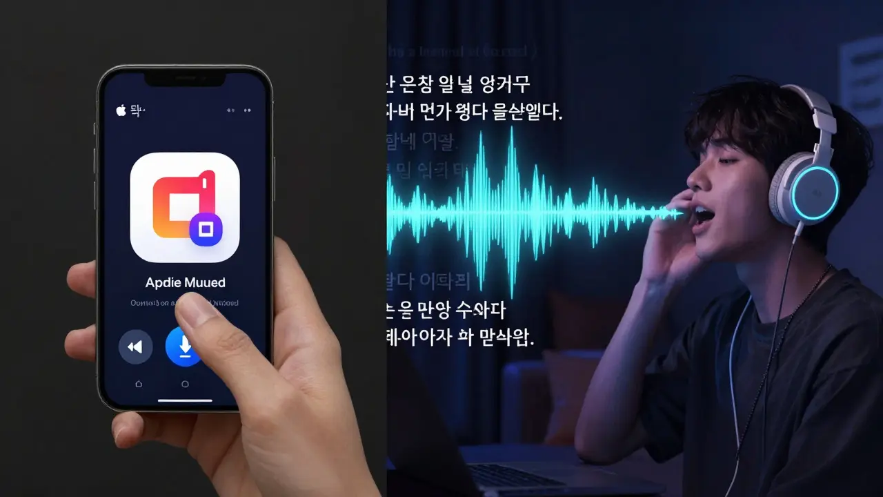 Kullanıcı, Android cihazda şarkı sözleriyle birlikte müzik dinlerken, indirme simgeleri ve yüksek kaliteli ses dalgaları ortaya çıkıyor.