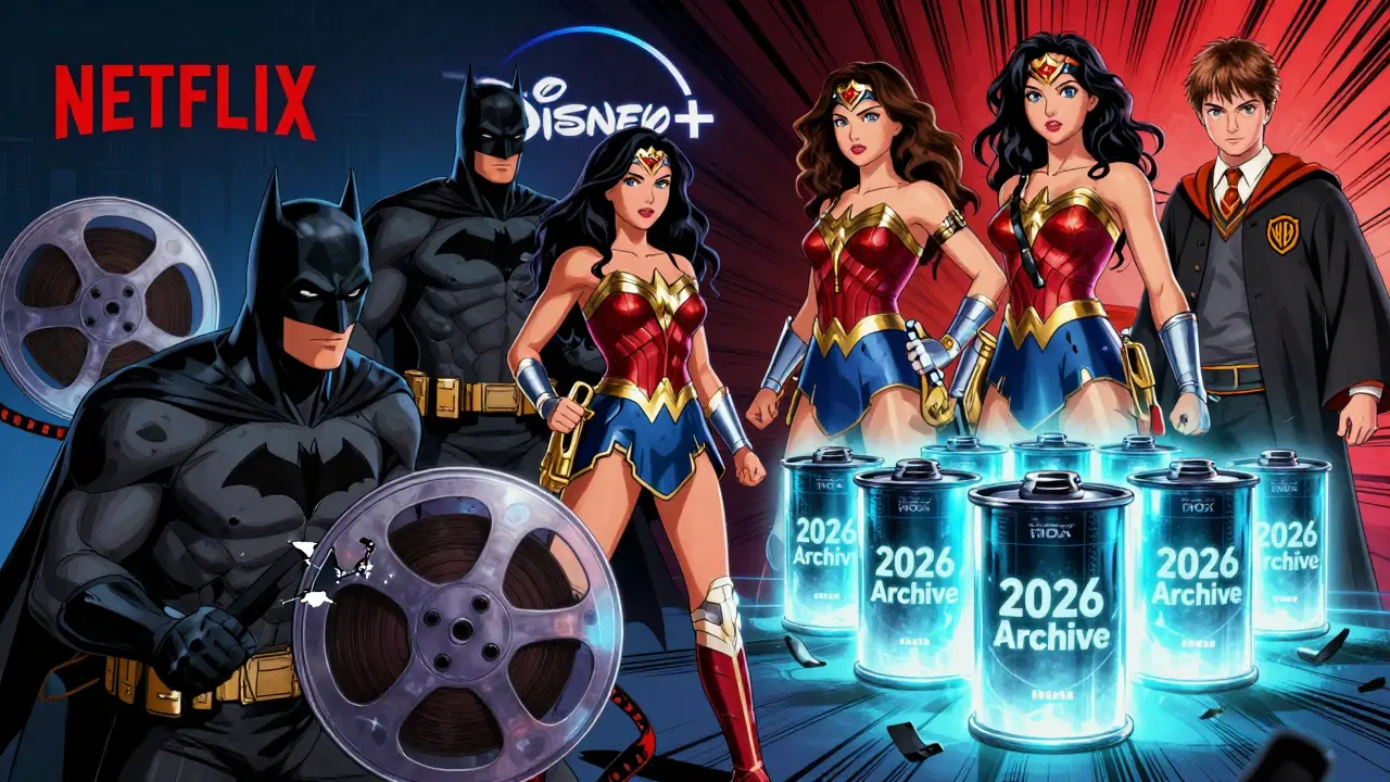 Max platform defeating other streaming services with unbreakable film canisters and iconic characters.