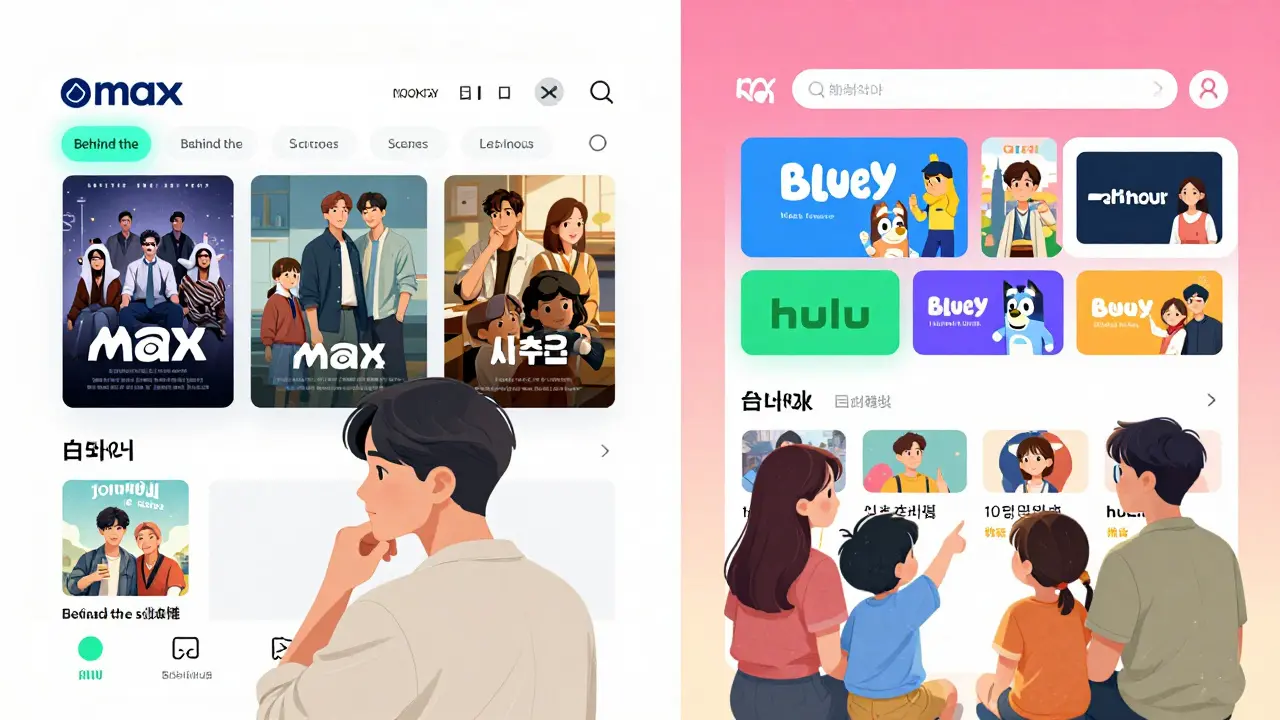 Max ve Hulu arayüzleri karşılaştırılıyor: biri klasik ve derin, diğeri renkli ve çocuk dostu.