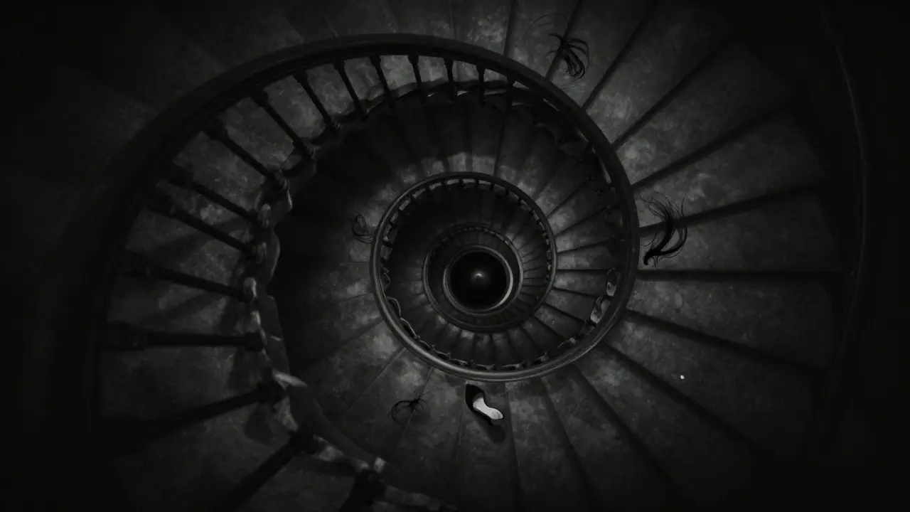 Merdivenlerin üstünden düşen bir figürün izi, yalnızca bir ayakkabı ile ima ediliyor.