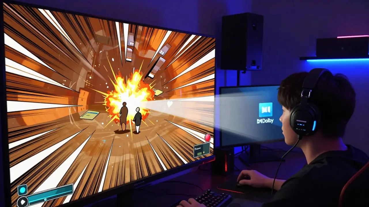 Oyuncu başlık takarken sesten gelen yön efektiyle oyun dünyası